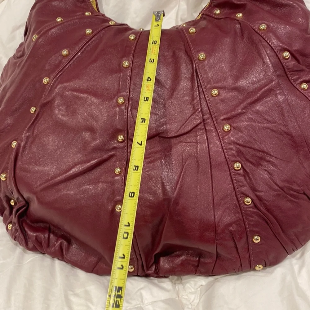 GOLDENBLEU burgundy leather purse 👛 semi circular bag with gold tone stud over